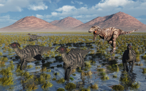 A carnivorous Tyrannosaurus Rex chasing a herd of Parasaurolophus dinosaurs Poster Print - Item # VARPSTMAS100847P A carnivorous Tyrannosaurus Rex chasing a herd of Parasaurolophus dinosaurs Poster Print - Item # VARPSTMAS100847P