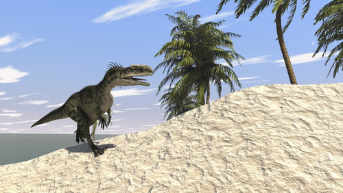Monolophosaurus running along the shore Poster Print