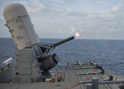 East China Sea, February 1, 2013 - A close-in weapons system fires from the Whidbey Island-class amphibious dock landing ship USS Tortuga during a live-fire exercise. Poster Print - Item # VARPSTSTK106765M