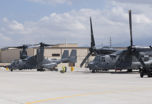 Two CV-22 Osprey aircraft from the 71st SOS sit on the ramp at Kirtland Air Force Base, New Mexico Poster Print - Item # VARPSTHGP100351M