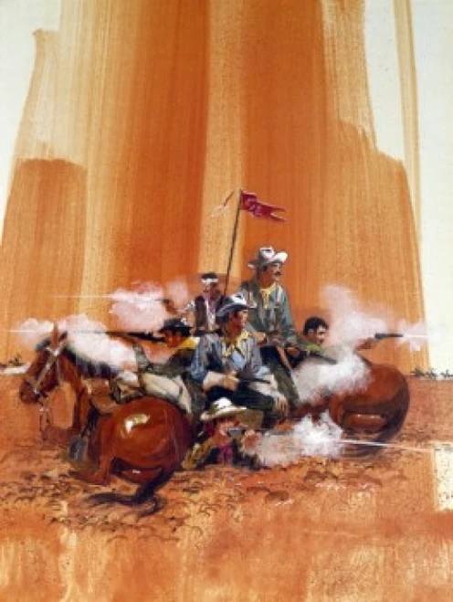 Group of cowboys shooting guns by horses Poster Print