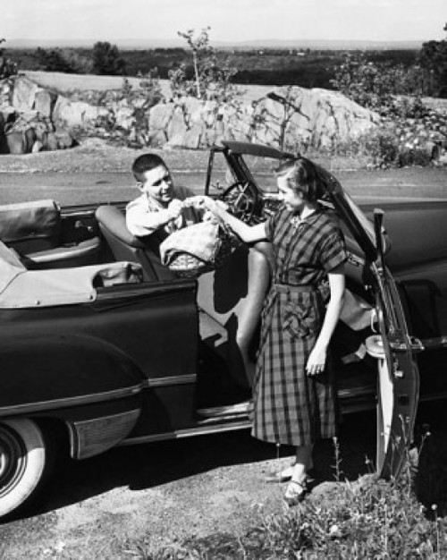 Young man sitting in a car giving a basket to a young woman Poster Print - Item # VARSAL25523354