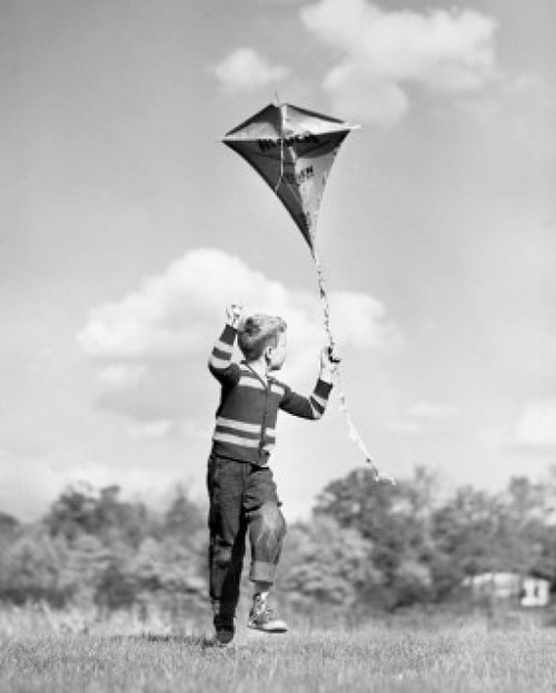 Boy flying a kite in a field Poster Print
