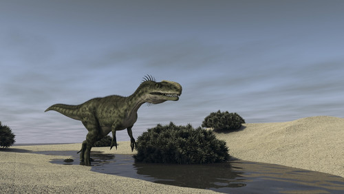Monolophosaurus running through a stream Poster Print