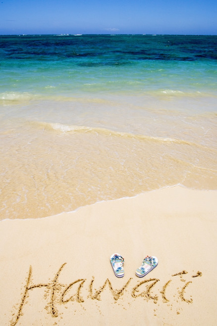 USA, Hawaii, Ocean in background; Kailua, Flipflops and Hawaii written in sand PosterPrint - Item # VARDPI1980792