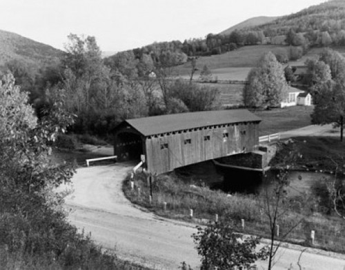 High angle view of a covered bridge across a river  West Arlington  Vermont  USA Poster Print - Item # VARSAL25532508