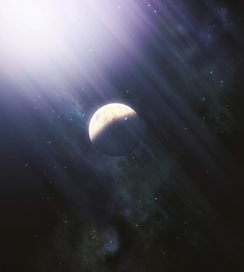 A lonely planet and its moon float quietly within the bright blue rays of its blue hypergiant parent. Poster Print