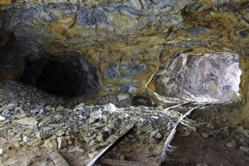 Tunnel with abandoned railtracks at historic Paliorema sulfur mine, Milos, Greece Poster Print - Item # VARPSTRRS300442S