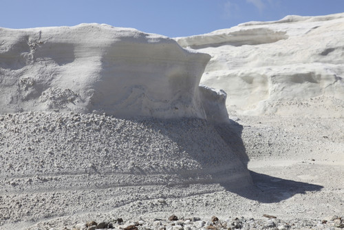 Sarakiniko white tuff formations, Milos, Greece. Emplaced in a submarine environment and subsequently uplifted by volcano-tectonic processes. Image shows stratified deposits of tuff Poster Print - Item # VARPSTRRS300436S