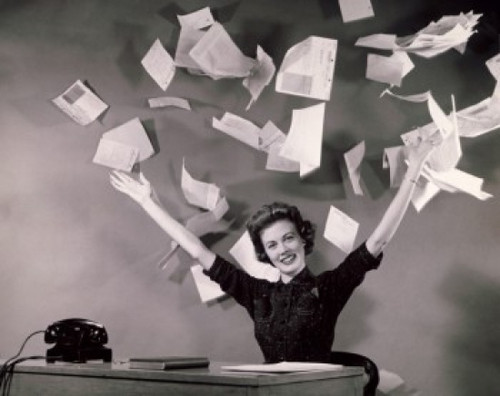 Businesswoman throwing papers in office Poster Print - Item # VARSAL2557140