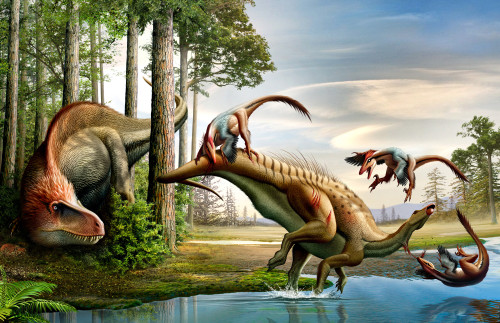 A Cretaceous Acrocanthosaurus observing a Tenontosaurus being attacked by a group of Deinonychus Poster Print - Item # VARPSTMHA600002P