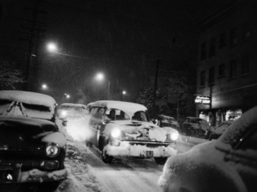 USA   Washington  Seattle  heavy snowfall on road at night Poster Print - Item # VARSAL255423797