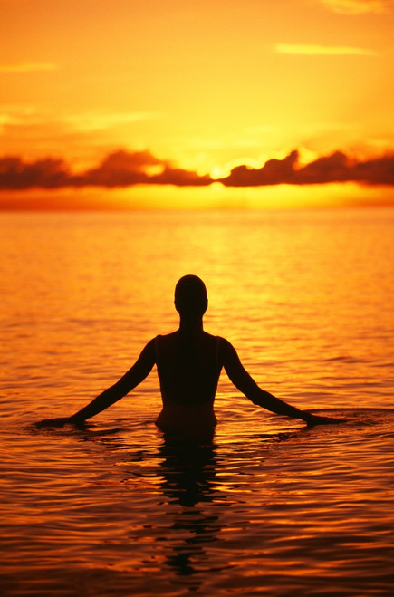 Hawaii, Oahu, Lanikai Beach, Silhouette Of Woman Wading In The Ocean At Sunrise PosterPrint - Item # VARDPI1995489