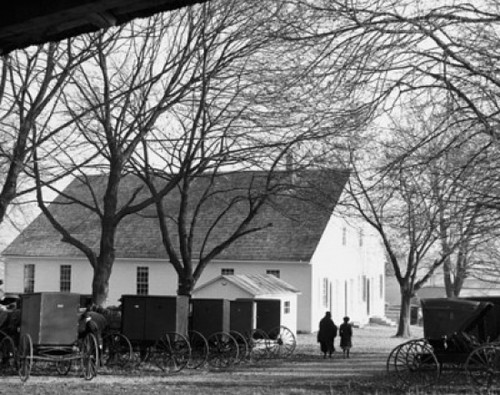 Horse carts near a church  Mennonite Church  Lancaster County  Pennsylvania  USA Poster Print - Item # VARSAL25544810