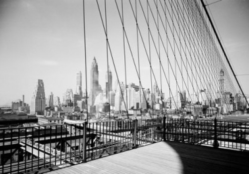 USA  New York State  New York City  Lower Manhattan skyline as seen through cables of the Brooklyn Bridge Poster Print - Item # VARSAL255419797