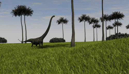 Mamenchisaurus walking across a grassy field Poster Print