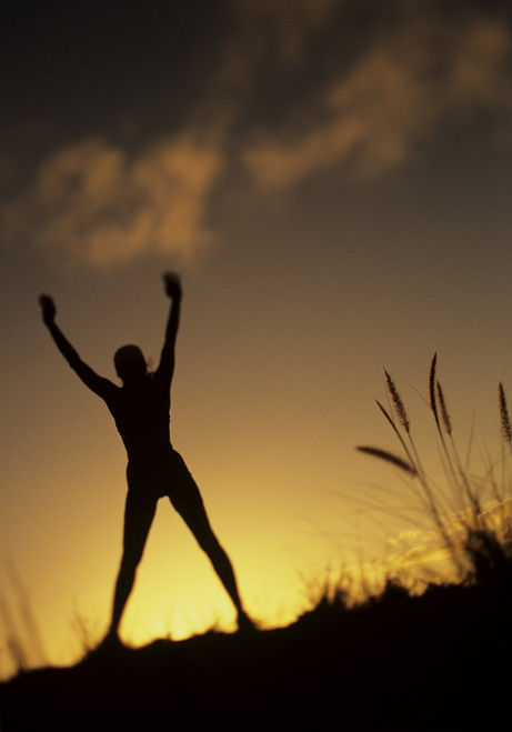 Hawaii, Silhouette Of A Woman Stretching On A Mountain Top At Sunset. PosterPrint - Item # VARDPI1974343