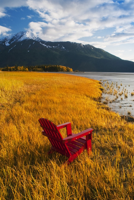 Red Adirondack Chair With Chugach Mountains In The Background Along Turnagain Arm In The Fall, Southcentral Alaska PosterPrint - Item # VARDPI2099540