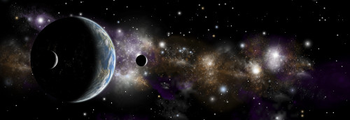 An artist's depiction of an Earth-like planet alone in space with a pair of moons in orbit. A nebula shines in the background Poster Print - Item # VARPSTMRC200059S
