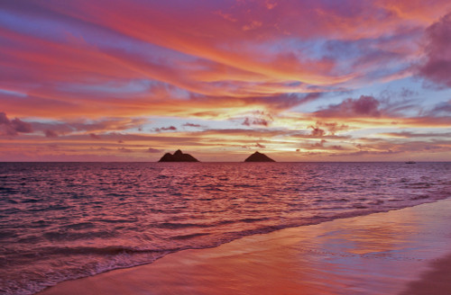 Hawaii, Oahu, Lanikai, A Colorful Pink Sunrise Over The Mokulua Islands. PosterPrint - Item # VARDPI1989396