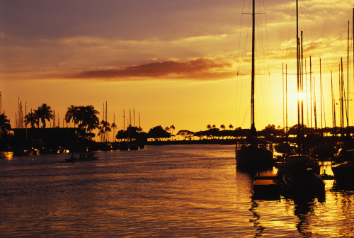Hawaii, Oahu, Waikiki Yacht Harbor At Sunset. PosterPrint