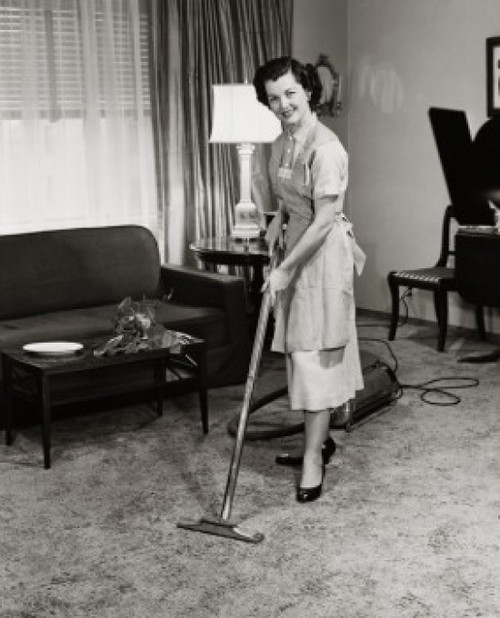 Portrait of a young woman cleaning the carpet with a vacuum cleaner Poster Print - Item # VARSAL255397