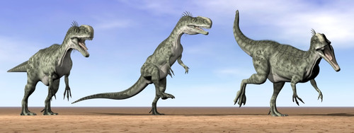 Three Monolophosaurus dinosaurs standing in the desert by daylight Poster Print - Item # VARPSTEDV600031P