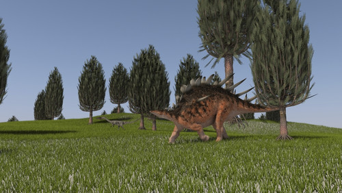 Kentrosaurus and a Coelophysis walking across an open field Poster Print