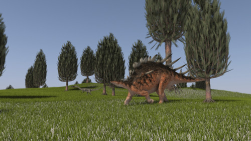 Kentrosaurus and a Coelophysis walking across an open field Poster Print - Item # VARPSTKVA600187P