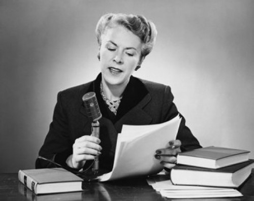 Mid adult woman reading a report into a microphone Poster Print - Item # VARSAL255380B