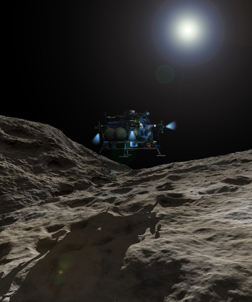 A manned Asteroid Lander approaches the desolate surface of an asteroid in preparation for landing. Thrusts from reaction control units illuminates the dark side of the lander with a ghostly blue light Poster Print - Item # VARPSTWMY100240S