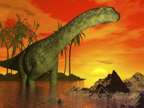 Large Argentinosaurus dinosaur standing in water next to palm trees backdropped by a beautiful sunset Poster Print - Item # VARPSTEDV600084P