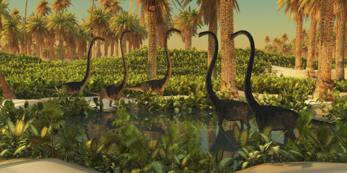 A herd of Omeisaurus dinosaurs use a small Jurassic pond for drinking and bathing Poster Print - Item # VARPSTCFR200633P
