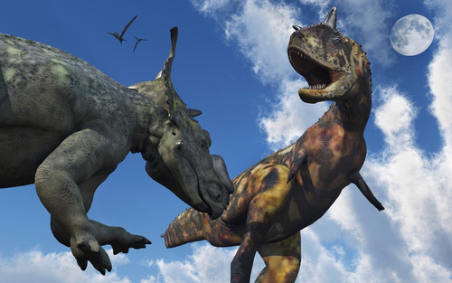A Pachyrhinosaurus confronting a Carnotaurus Poster Print - Item # VARPSTMAS600054P
