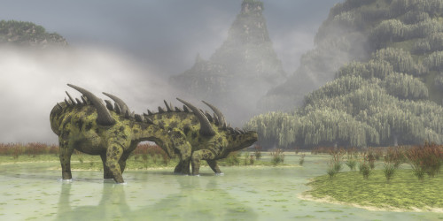 A pair of Gigantspinosaurus dinosaurs roaming in the wetlands of China during the Jurassic Period Poster Print - Item # VARPSTCFR200448P