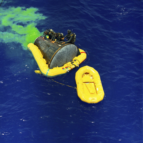 June 7, 1965 - A United States Navy frogman team participates in the recovery of the Gemini-Titan 4 spacecraft. The USS Wasp was the prime recovery ship for the Gemini-4 mission. Poster Print - Item # VARPSTSTK203914S