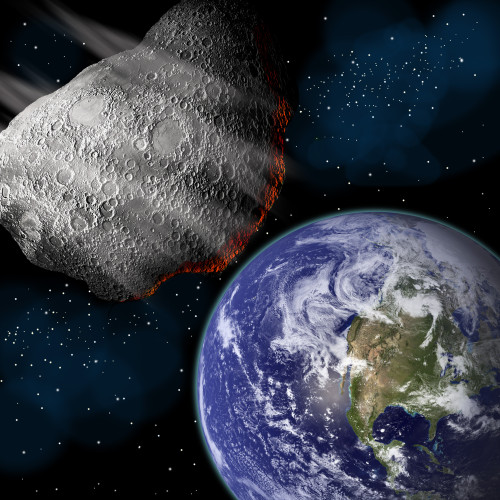 An artist's depiction of a large asteroid approaching Earth on a collision course. The size of the asteroid is likely to cause an extinction event on the planet. Some elements courtesy of NASA Poster Print - Item # VARPSTMRC200043S