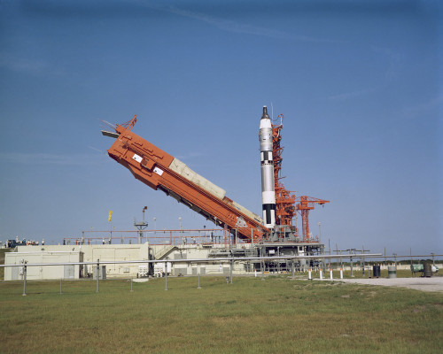 August 21, 1965 - The erector at launch pad 19 is lowered in preparation for the launch of the Gemini-5 spacecraft. Poster Print - Item # VARPSTSTK203916S