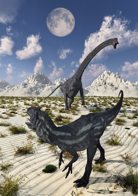 A carnivorous Allosaurus confronting a giant Diplodocus Poster Print - Item # VARPSTMAS100919P