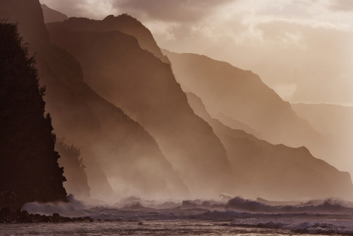 Hawaii, Kauai, North Shore, Na Pali Coast, Haena, Misty Waves At Dusk. PosterPrint - Item # VARDPI1975996