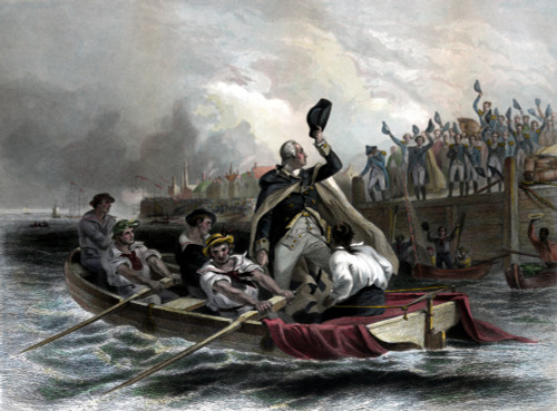 Digitally restored vintage American history print of General George Washington tipping his hat to his generals as he leaves the dock on a boat Poster Print - Item # VARPSTJPA100965M