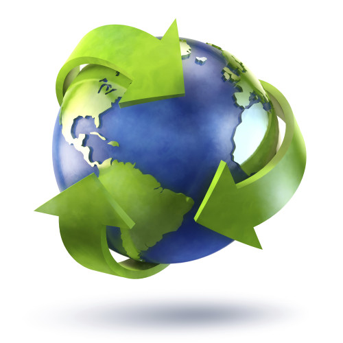 3D Rendering of planet Earth surrounded by the recycle symbol Poster Print