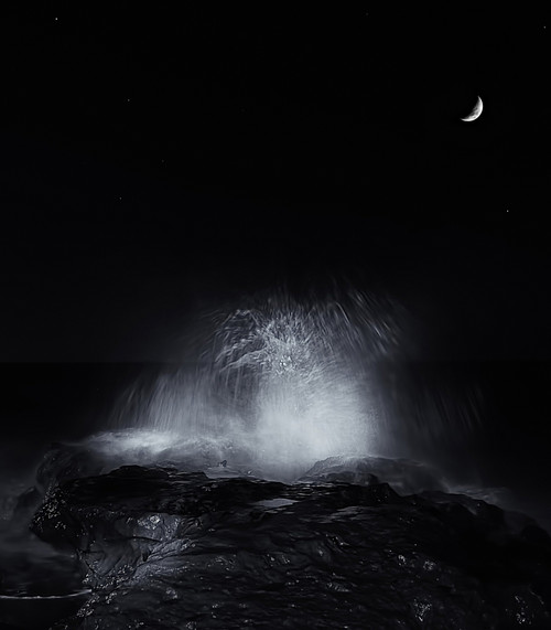 The crescent moon and waves splashing over rocks in Miramar, Argentina Poster Print - Item # VARPSTARG100039S