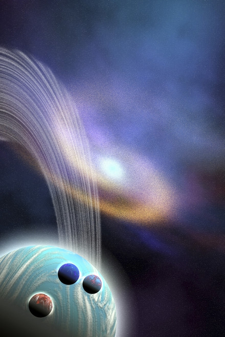 A spiral galaxy is near this ringed planet and its moons Poster Print - Item # VARPSTCFR100077S