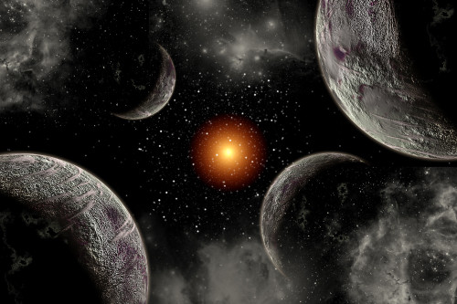 A globular star cluster with a red giant star and its planetary system at its edge Poster Print - Item # VARPSTMAS100690S