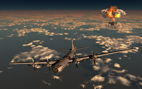 The Enola Gay B-29 Superfortress flying away from the giant mushroom cloud created by the explosion of the atomic bomb dropped over the Japanese city of Hiroshima during World War II Poster Print - Item # VARPSTMAS100780M