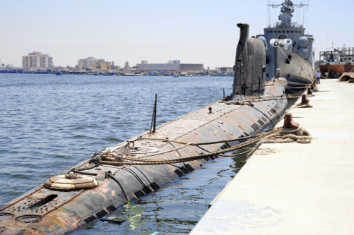 A Libyan Navy Foxtrot-class military submarine moored to the pier in Benghazi, Libya. Libya received six Foxtrot-class military submarines from the Soviet Union in 1982. Poster Print - Item # VARPSTACH100295M