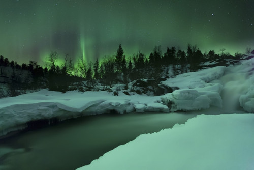A wintery waterfall and aurora borealis over Tennevik River, Troms, Norway Poster Print - Item # VARPSTAHE100123S