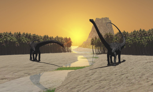 Two Diplodocus dinosaurs come to a river for a drink in prehistoric times Poster Print - Item # VARPSTCFR200027P
