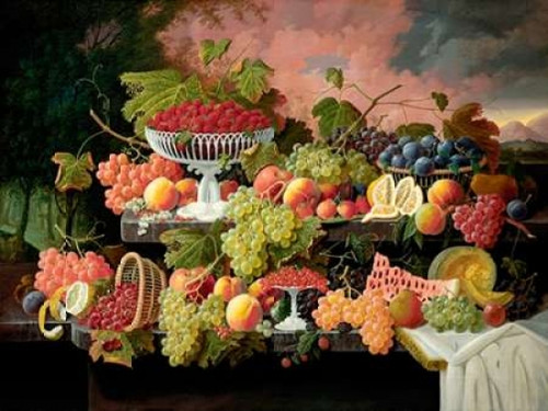 Two-Tiered Still Life with Fruit and Sunset Landscape Poster Print by Severin Roesen - Item # VARPDX3AA2189
